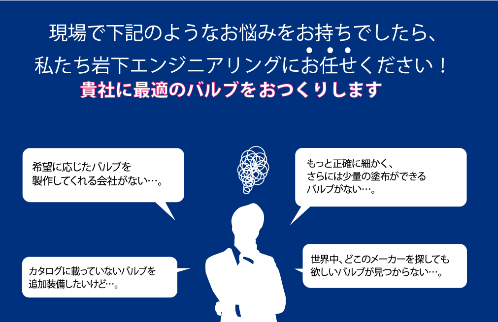 現場で下記のようなお悩みをお持ちでしたら、私たち岩下エンジニアリングにお任せください！